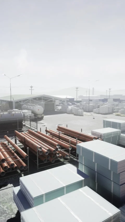 Construction yard with stacked materials and machinery during daylight Vídeos de archivo 310262030