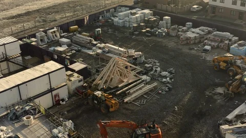 Construction yard storing building materials for new houses Rotherham, Yorkshire Stock Footage 120635676