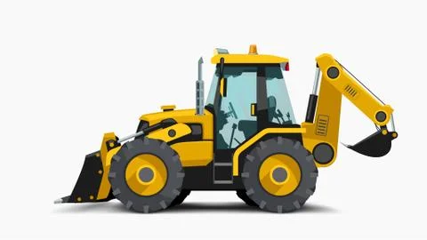 Construction yellow tractor side white on white Stock Illustration