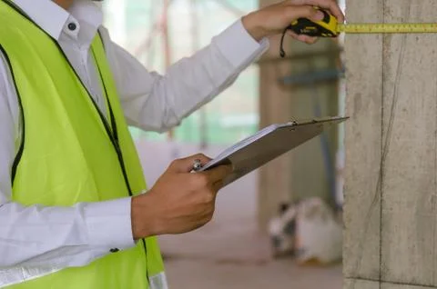 Construction. young foreman builder, engineer or inspector checking and inspe Stock Photos
