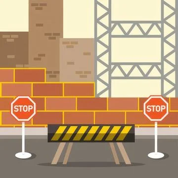 Construction zone with stop signs and barriers on street Stockillustratie