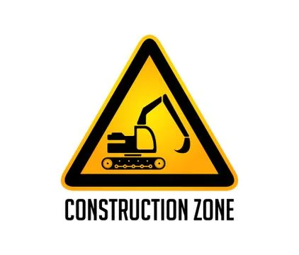 Construction zone warning sign - working excavator concept Stock Illustration