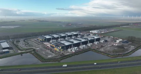 Constructiong and building of a new large scale big data center. Artifical Stock Footage 258369597