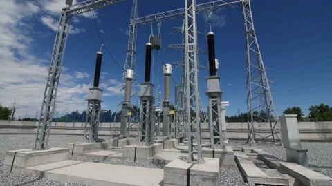 Constructions with insulators and switch gear at substation 스톡 동영상 154959434