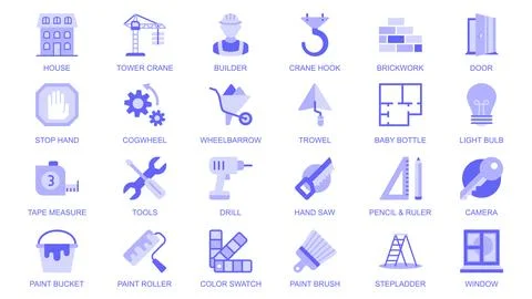 Constructions tools web icons set in duotone flat design. Pack pictograms wit Stock Illustration
