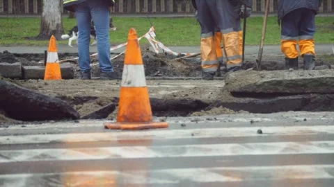 Constructions working road rain repair asphalt transportation street Stock Footage 269945483
