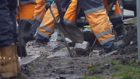 Constructions working road rain repair asphalt transportation street Stock Footage 269949595