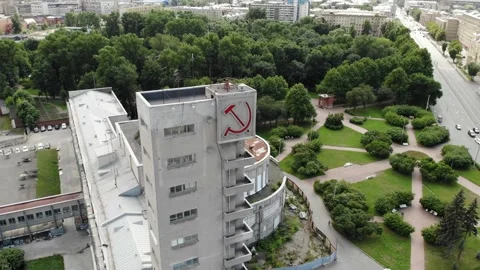Constructivism building red hammer and sickle monument. USSR symbols. Narvskaya Видео 167686336