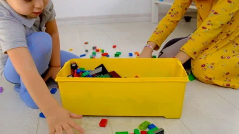 Constructor child plays in the room. Selective focus. Stock Footage 237518683