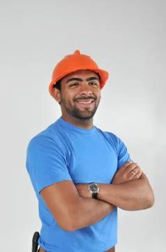Constructor with helmet with happy smile 스톡 사진