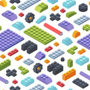 Constructor kids isometric seamless pattern. Creativity tiles and parts assem Stock Illustration
