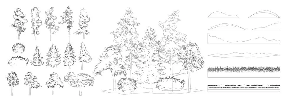 Constructor kit. Contours of beautiful spruce trees, pine, other trees, gra.. Stock Illustration