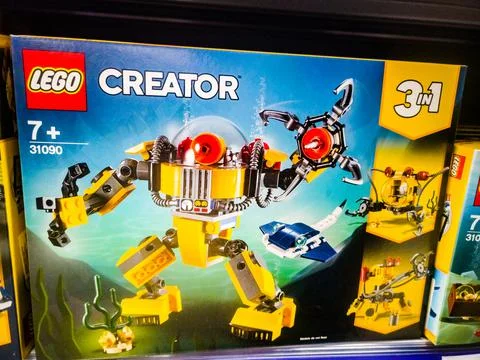 Constructor LEGO Creator 31111 Cyberdron on sale in the hypermarket 11.04. 2021 Stock Photos