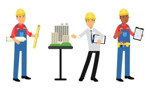 Constructor or Builder in Yellow Hard Hat Holding Draft and Presenting Project Illustrazione stock