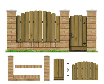 Constructor template of classic brick fence with plank Stock Illustration