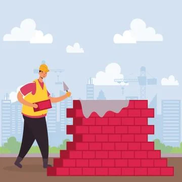 Constructor worker with bricks wall character scene Stock Illustration