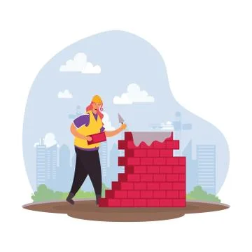Constructor worker with bricks wall character Stock Illustration