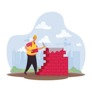 Constructor worker with bricks wall character scene Stock Illustration