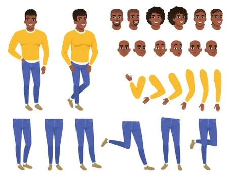 Constructor of young black man. Guy in yellow sweater and blue jeans. Creation Stock Illustration
