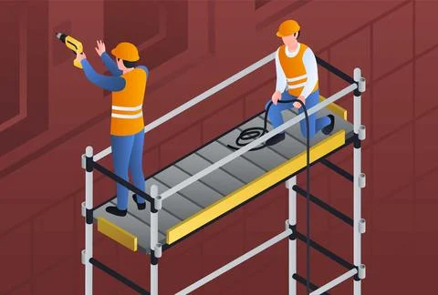Constructors on scaffold banner, isometric style Stock Illustration