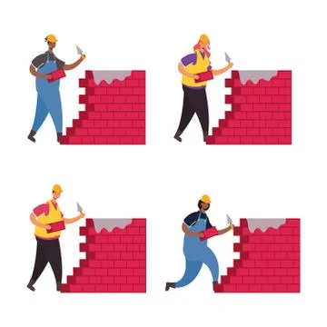 Constructors workers with bricks walls characters scene Ilustración de archivo