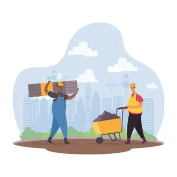 Constructors workers with tools characters scene Ilustración de archivo