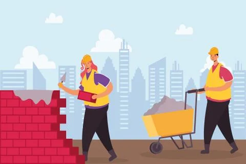 Constructors workers with wall and wheelbarrow characters scene Ilustración de archivo