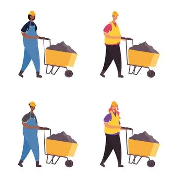 Constructors workers with wheelbarrows characters scene Ilustración de archivo