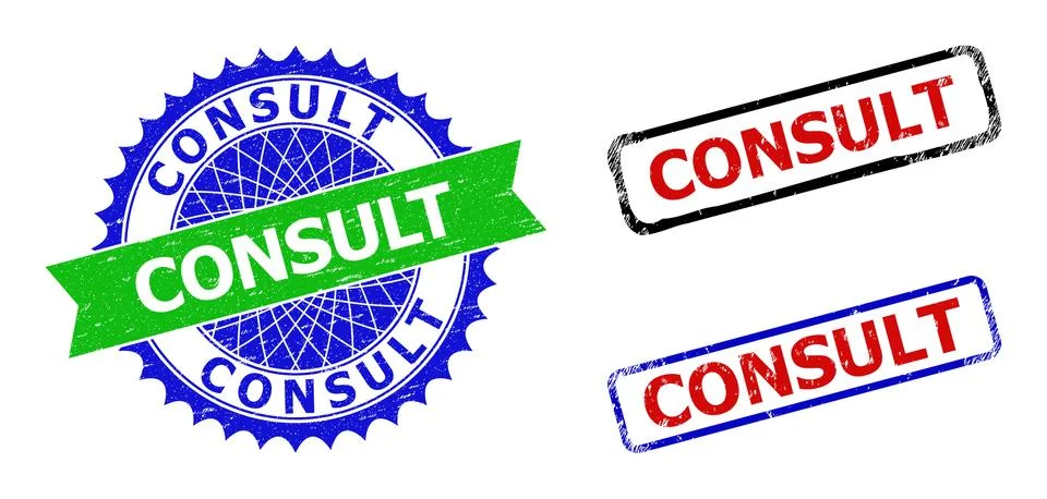 CONSULT Rosette and Rectangle Bicolor Seals with Grunge Surfaces Stock Illustration