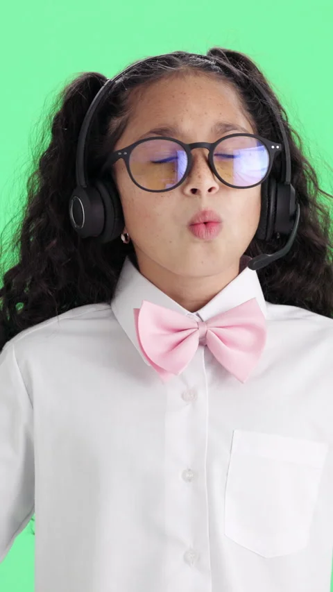 Consultant, child or face with headset in studio for school career day on a Stock Footage 340612862