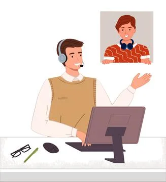 Consultant with headset and computer talking with customer, solve client Stock Illustration