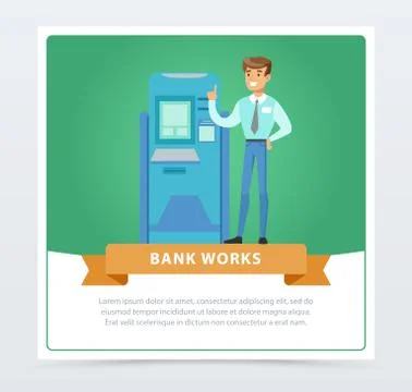 Consultant manager man standing next to ATM, bank works banner for advertising Stock Illustration