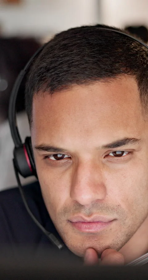 Consultant, thinking and man with headset in call center for customer service Stock Footage 335807595