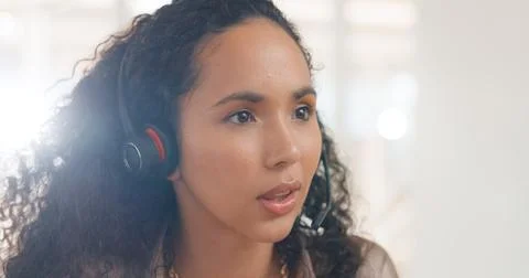 Consultant, virtual assistant or face of woman in a telecom call center Stock Photos