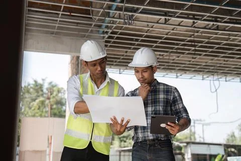 Consulting Engineer Reviewing Construction Plans with Colleague on Building Site Fotos de archivo