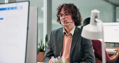 Consulting, man and happy at computer in call center for tech support, account Stock Footage 341458647
