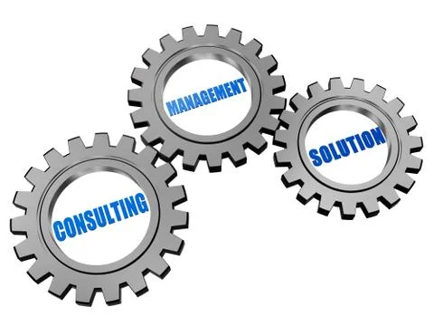 Consulting, management, solution in silver grey gears Stock Illustration