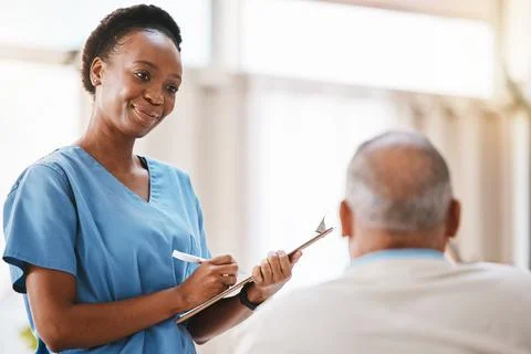 Consulting, medical and checklist with old man and nurse for retirement Stock Photos