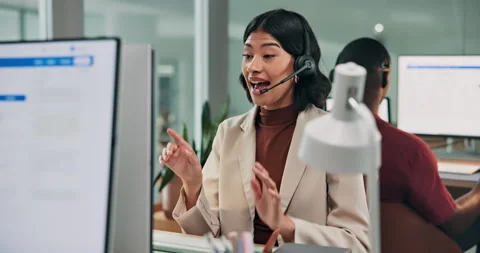 Consulting, woman and help with computer in call center for tech support Stock Footage 341470504