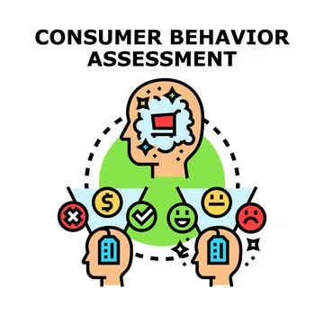 Consumer behavior assessment evaluating customer buying decisions Stock Illustration