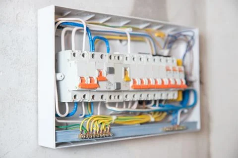 Consumer electric switchboard control panel for home enclosure for distribution 스톡 사진