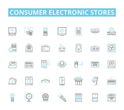 Consumer electronic stores linear icons set. Gadgets, Appliances, Smartphs Stock Illustration