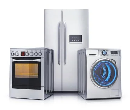 Consumer electronics stell.Fridge,washer and electric-cooker on white backgro Stock Illustration