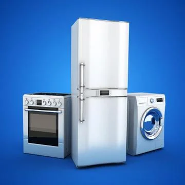 Consumer electronics stell.Fridge,washer and electric-cooker on blue backgrou Stock Illustration