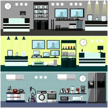 Consumer electronics store Interior. Colorful vector illustration. Design Stock Illustration