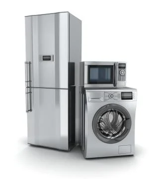 Consumer electronics.Fridge,microwave and washer (done in 3d). Ilustración de archivo