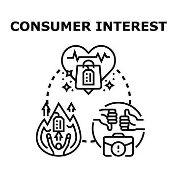 Consumer interest concept with shopping and feedback icons Stock Illustration