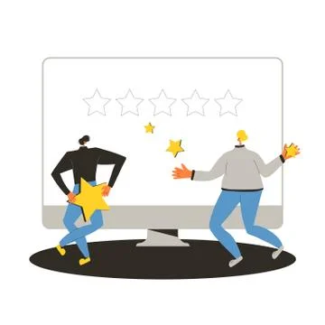 Consumer review. Feedback concept. Two teenagers holding stars. Young men wit Stock Illustration