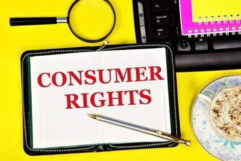 Consumer rights. text caption in the research notebook. Stock Photos