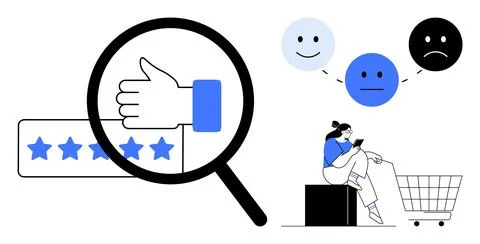 Consumer satisfaction, eCommerce experience, online reviews, digital ratings, Illustration